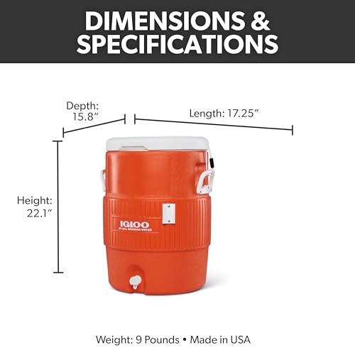 Igloo 10 Gallon Portable Sports Cooler Water Beverage Dispenser with Flat Seat Lid, Insulated Beverage Dispenser, Orange/White