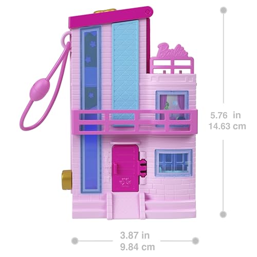 Polly Pocket Barbie Dreamhouse Compact, Dollhouse Playset with 3 Micro Dolls, 1 Puppy, 11 Accessories, Elevator & Pool