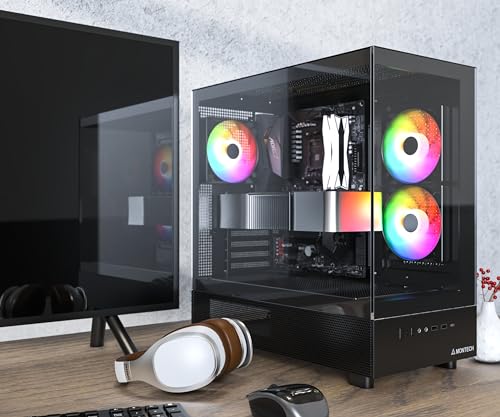 MONTECH XR, ATX Mid-Tower PC Gaming Case, 3 x 120mm ARGB PWM Fans Pre-Installed, Full-View Dual Tempered Glass Panel, Wood-Grain Design I/O Interface, Support 4090 GPUs, 360mm Radiator Support, Black