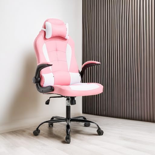 Gaming Chair Office Chair Desk Chair with Lumbar Support Flip Up Arms Headrest Swivel Rolling Adjustable PU Leather Racing Computer Chair for Girls,Pink