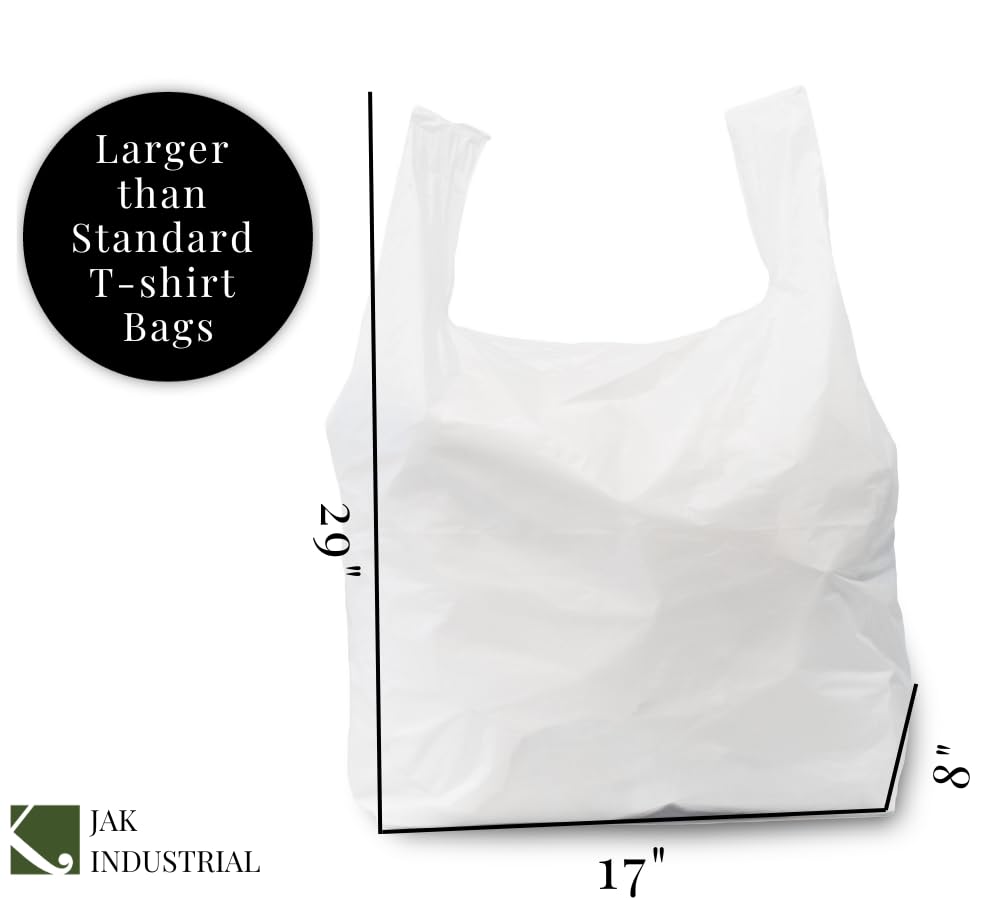 100 Pack - Jumbo (LARGE) T-Shirt Shopping/Trash Bags - 17" x 8" x 29" - 18 Microns Thick