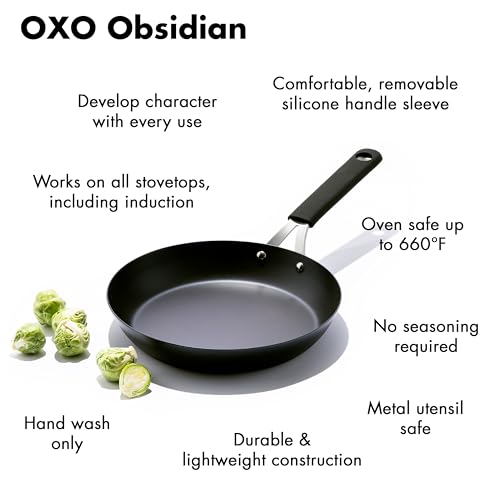 OXO Obsidian Pre-Seasoned Carbon Steel, 10" Frying Pan Skillet with Removable Silicone Handle Holder, Induction, Oven Safe, Black