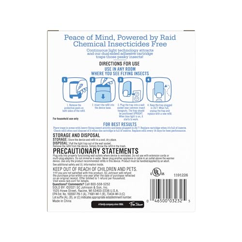 Raid Essentials Flying Insect Light Trap Starter Kit, 1 Plug-In Device + 1 Cartridge, Featuring Light Powered Attraction
