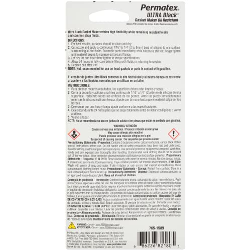 Permatex 82180 Ultra Black Maximum Oil Resistance RTV Silicone Gasket Maker, Sensor Safe And Non-Corrosive, For High Flex And Oil Resistant Applications 3 oz