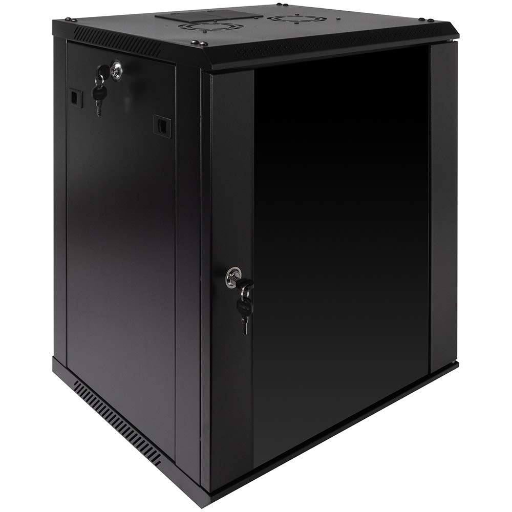 NavePoint 12U Server Rack Enclosure with Glass Door, Cooling Fan, Locks, & Removable Side Panels - 12U Wall Mount Network Cabinet 19 Inch Rack 17.7" Deep (450mm)