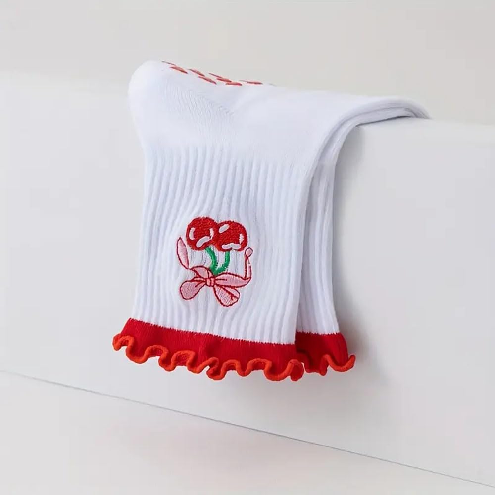 Puedizux Women Cute Pilates Socks Grip Crew Yoga Socks Ruffle Cuff Embroidery Pattern Workout Ballet Socks