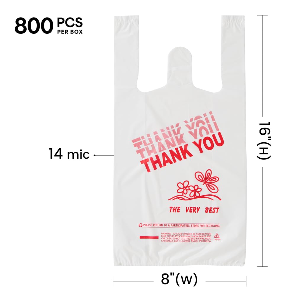 PlaTree Small Thank You T-Shirt Bags, 800 Count, 8" X 4" X 16", 14 mic (0.55 Mil), (Thank You), Retail Plastic, Bulk, Thank You, T-Shirt, Desk Trash, Grocery Bags with Handles, Made in Korea