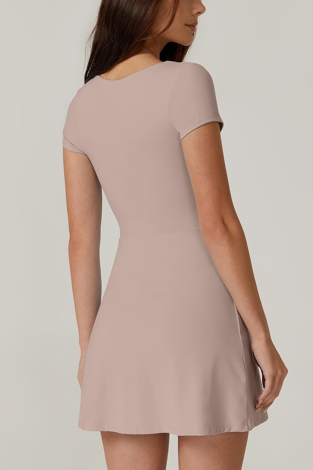 QINSEN Exercise Workout Dress for Women Square Neck Short Sleeve Flare Tennis Dress with Shorts Pockets Rose Taupe M