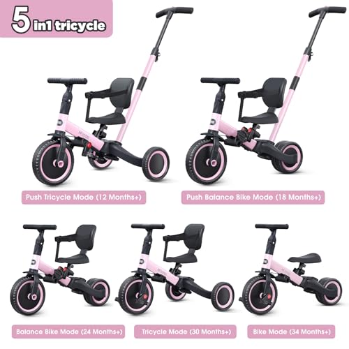 newyoo Toddler Tricycle,Toddler Bike,Birthday Gifts and Toys for 1-3 Year Old Boys and Girls, Trike with Push Handle, Backrest and Safety Belt, Balance Bike, TR007, Pink