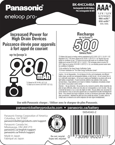 Panasonic BK-4HCCA4BA eneloop Pro AAA High Capacity Ni-MH Pre-Charged Rechargeable Batteries, 4 Pack