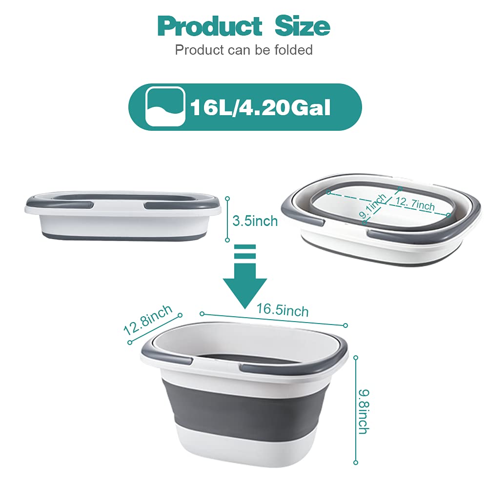 Goderewild 2 Pack Large Collapsible Mop Bucket 4.2 Gallon(16L) with Handle for House Cleaning, Space Saving Outdoor Multiuse Foldable Water Pail for Camping, Fishing, RV(2, Grey)