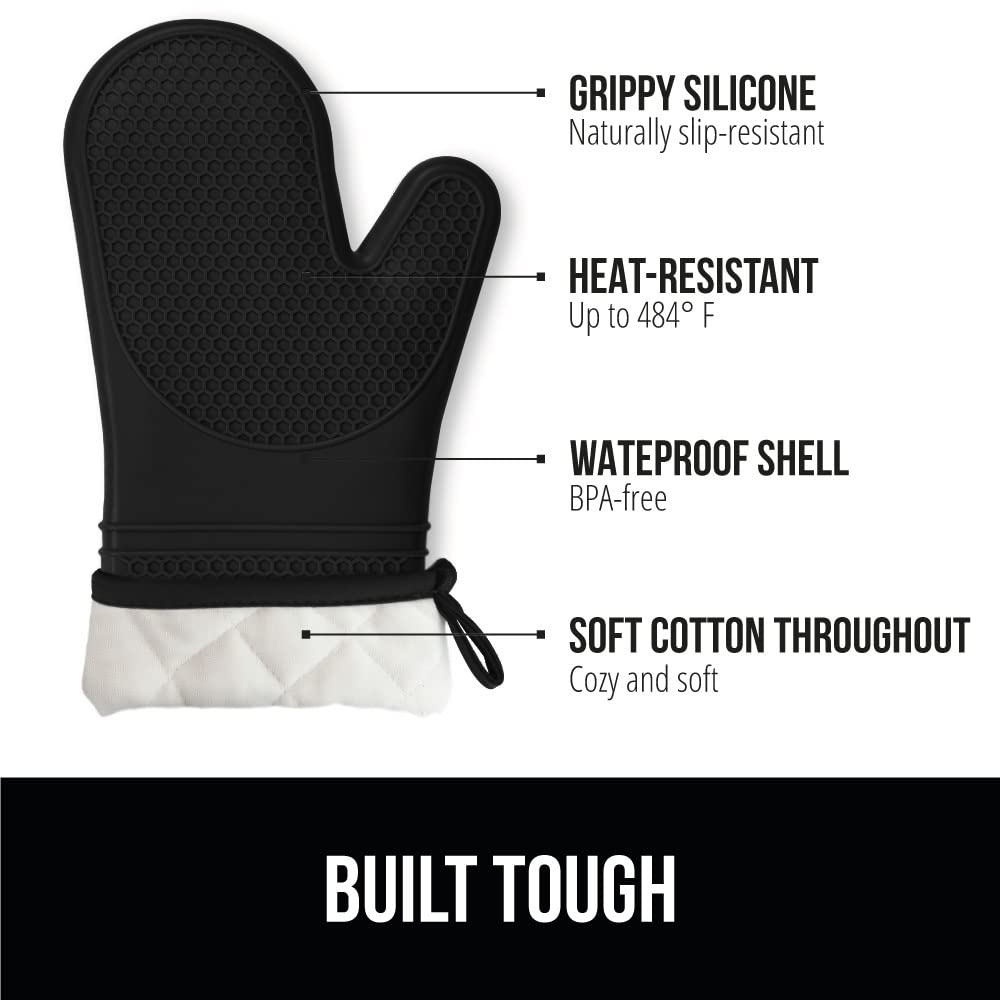 GORILLA GRIP BPA-Free Soft Silicone Oven Mitts, Heat Resistant and Waterproof Cooking Gloves, Thick Cotton Lining, Flexible Gripping for Baking Grilling, Kitchen Potholders Set of 2, 12.5x8.3, Black