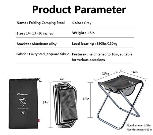 LFSEMINI Camping Stool, 16in Tall Large Size Folding Stool with Carry Bag, Aluminum Alloy Bracket, 1.5lbs Lightweight, Load Capacity to 300lbs, for Travel, Hiking, BBQ, Fishing, Beach(Grey)