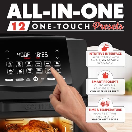 Gourmia Air Fryer Toaster Oven Combo - All-in-One 14-Quart Digital Air Fryer Toaster Oven with Rotisserie & Dehydrator – 12 Presets, Guided Cooking Prompts, 1750W, Dishwasher-Safe Accessories