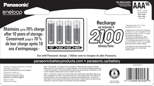 Panasonic BK-4MCCA16FA eneloop AAA 2100 Cycle Ni-MH Pre-Charged Rechargeable Batteries, 16 Pack