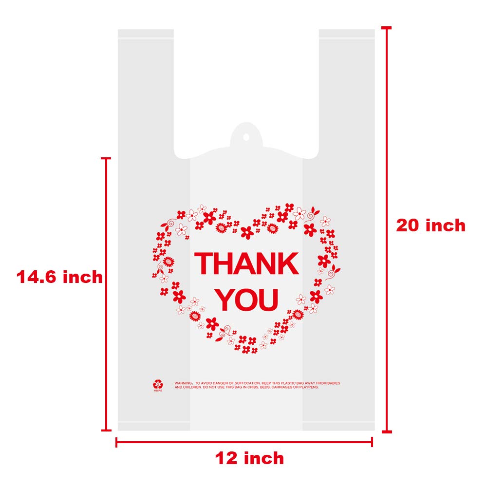 LazyMe Thank you T Shirt Bags, Bolsas De Plastico Para Negocio, White Plastic Grocery Bags with Handles, Standard Supermarket Size, 12 x 20 Inches (50 pcs)