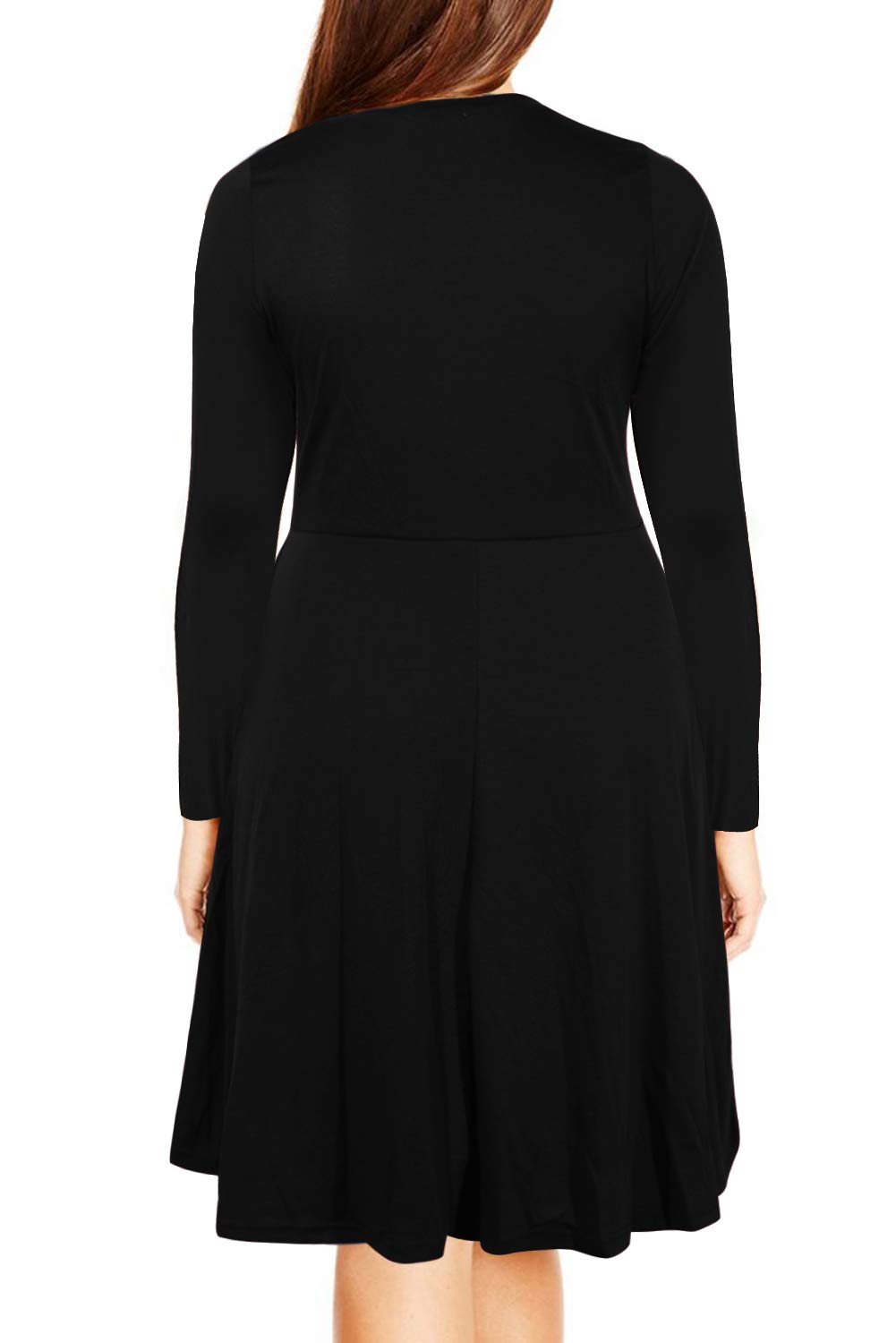 Nemidor Women's Round Neck Long Sleeve Casual Plus Size Fit and Flare Midi Dress with Pocket (26,Black+Sleeve)