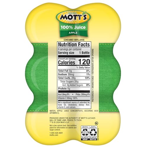Mott's 100% Original Apple Juice, 8 Fl Oz Bottles, 24 Count (4 Packs Of 6), 2 Servings Of Fruit, 100% Fruit Juice, Gluten-free, Caffeine-free, Kosher, Contains No Artificial Colors Or Sweeteners