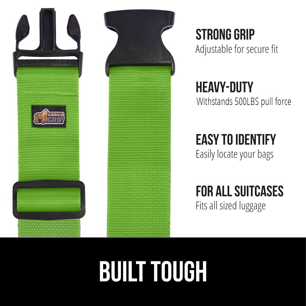 GORILLA GRIP Heavy Duty Adjustable Luggage Straps for Suitcases, Easy to Identify Travel Belt Connector Holds Suitcase Together, Extends Life of Bag, Strap Connects Two Bags, Accessories 2 Pack Green