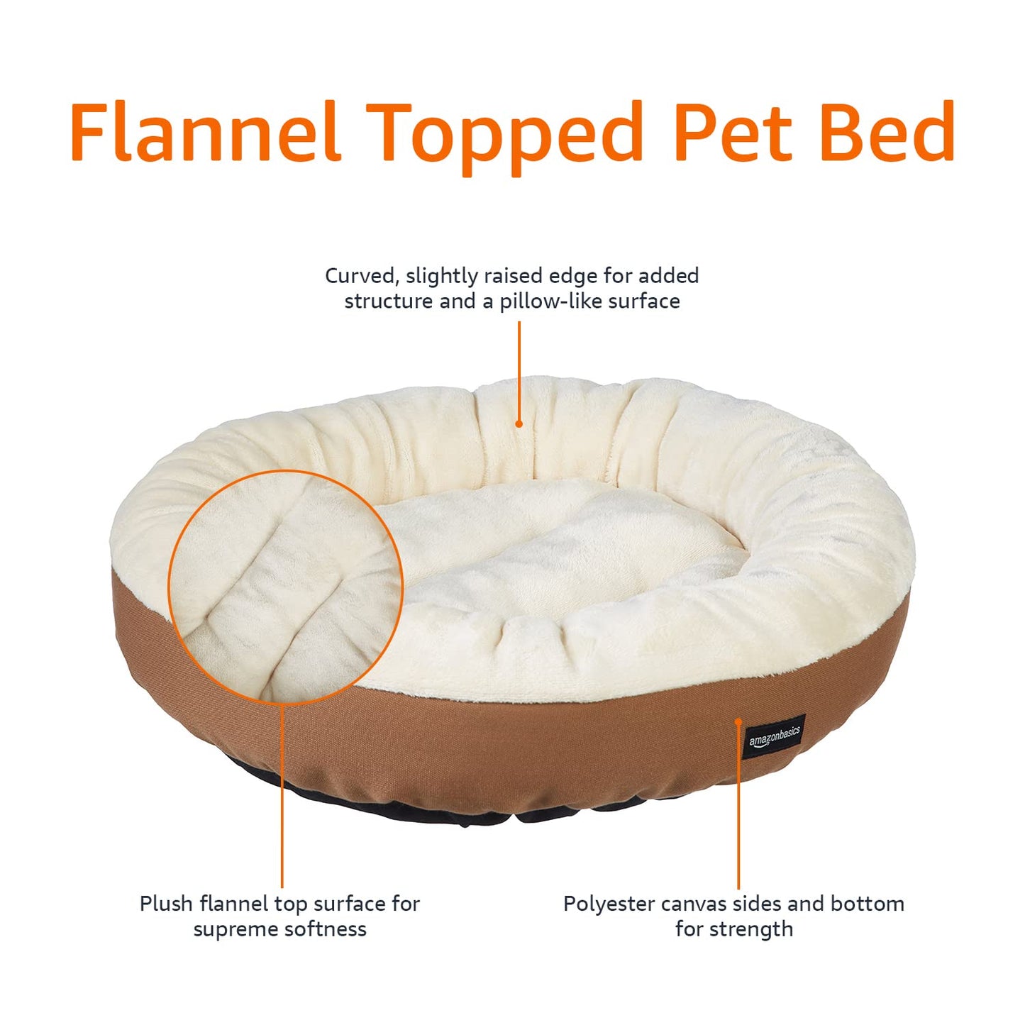 Amazon Basics Round Bolster Pet Bed for Dog or Cat with Flannel Top, 20.0" L x 20.0" W x 8.0" Th, Brown and Ivory