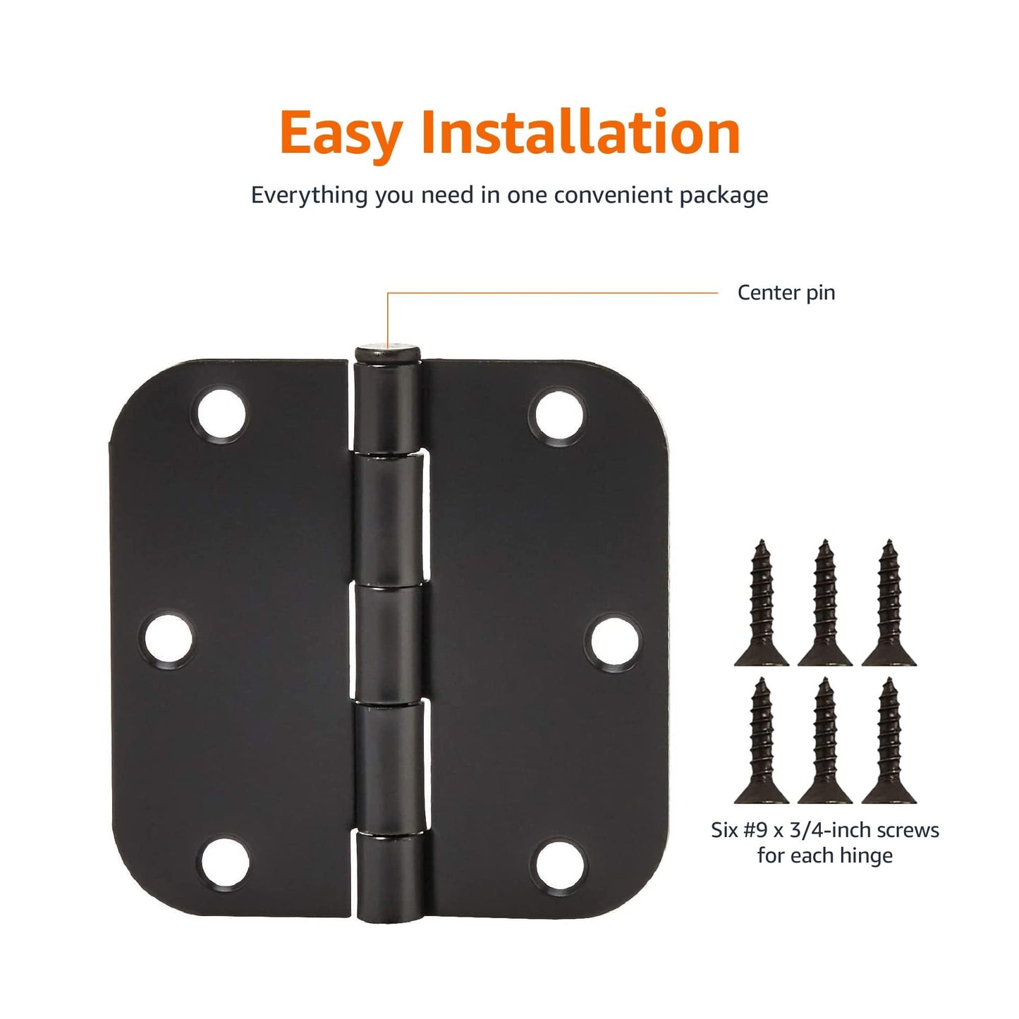 Amazon Basics Sturdy Rounded 5/8 Radius Interior Door Hinges, 3.5" x 3.5", 18 Pack, Matte Black
