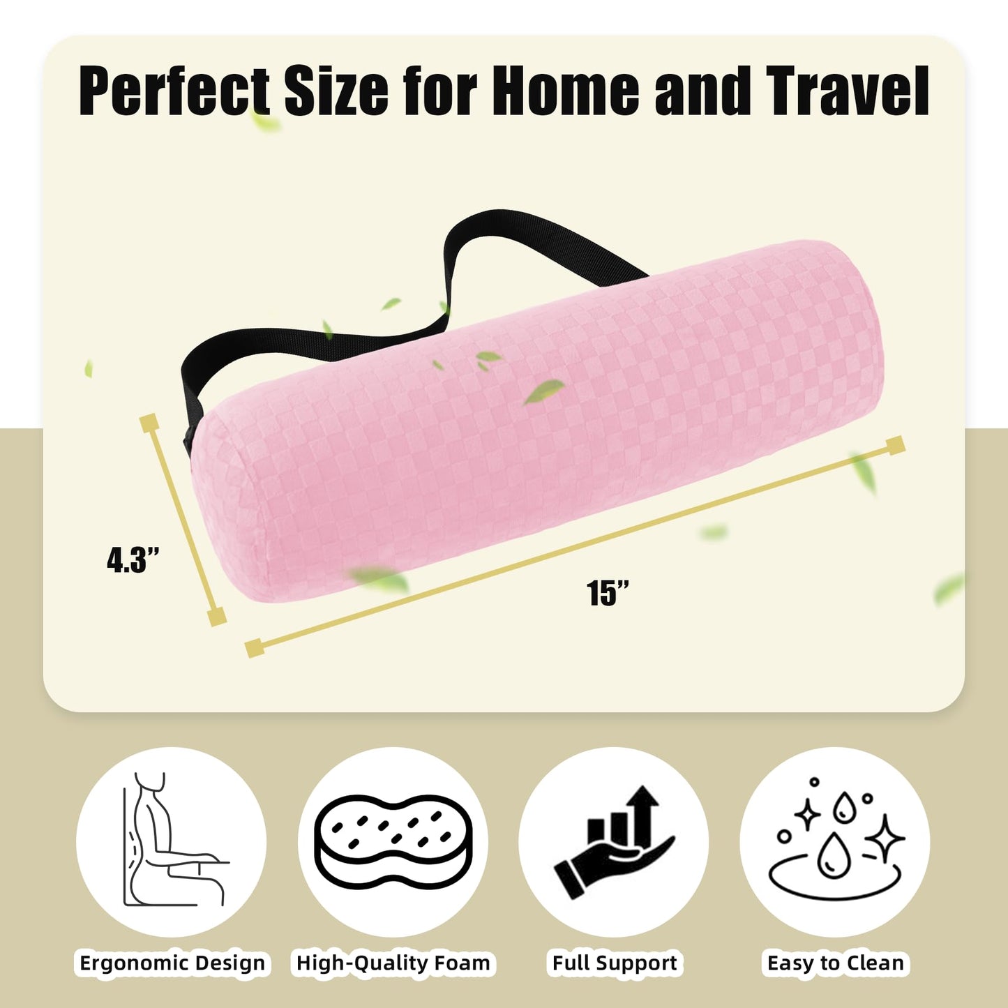 Lumbar Roll Pillow for Lower Back, Lumbar Support Foam Roll Cushion with Pillowcase and Upgraded Strap for Office, Chair, Car, Seat Pain Relief & Improving Posture (Light Pink, Long-15 * 4.3'')