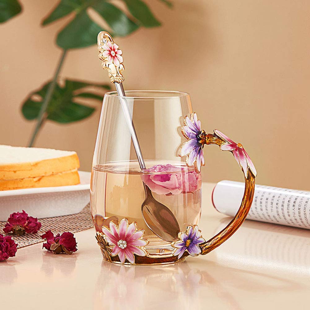 Luka Tech Enamel flower Lead-free Glass Coffee Mugs Tea Cup with Steel Spoon, Best Birthday Gifts For Women Wife Mom Friends Mothers Valentines Day Christmas