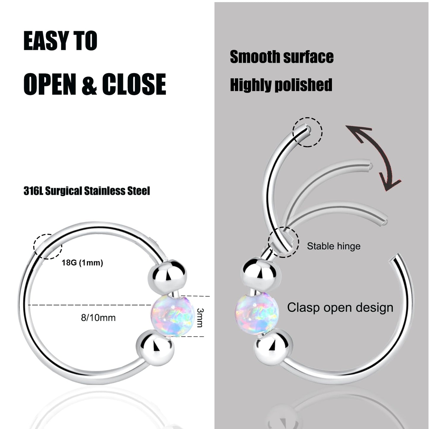 2Pcs 18G Hypoallergenic Cartilage Earrings for Women & Men 316L Surgical Steel Huggies Earrings for Sensitive Ears, Lightweight Mini Thin Jewelry for Tragus/Helix/Nose Multiple Piercing Opal Earrings