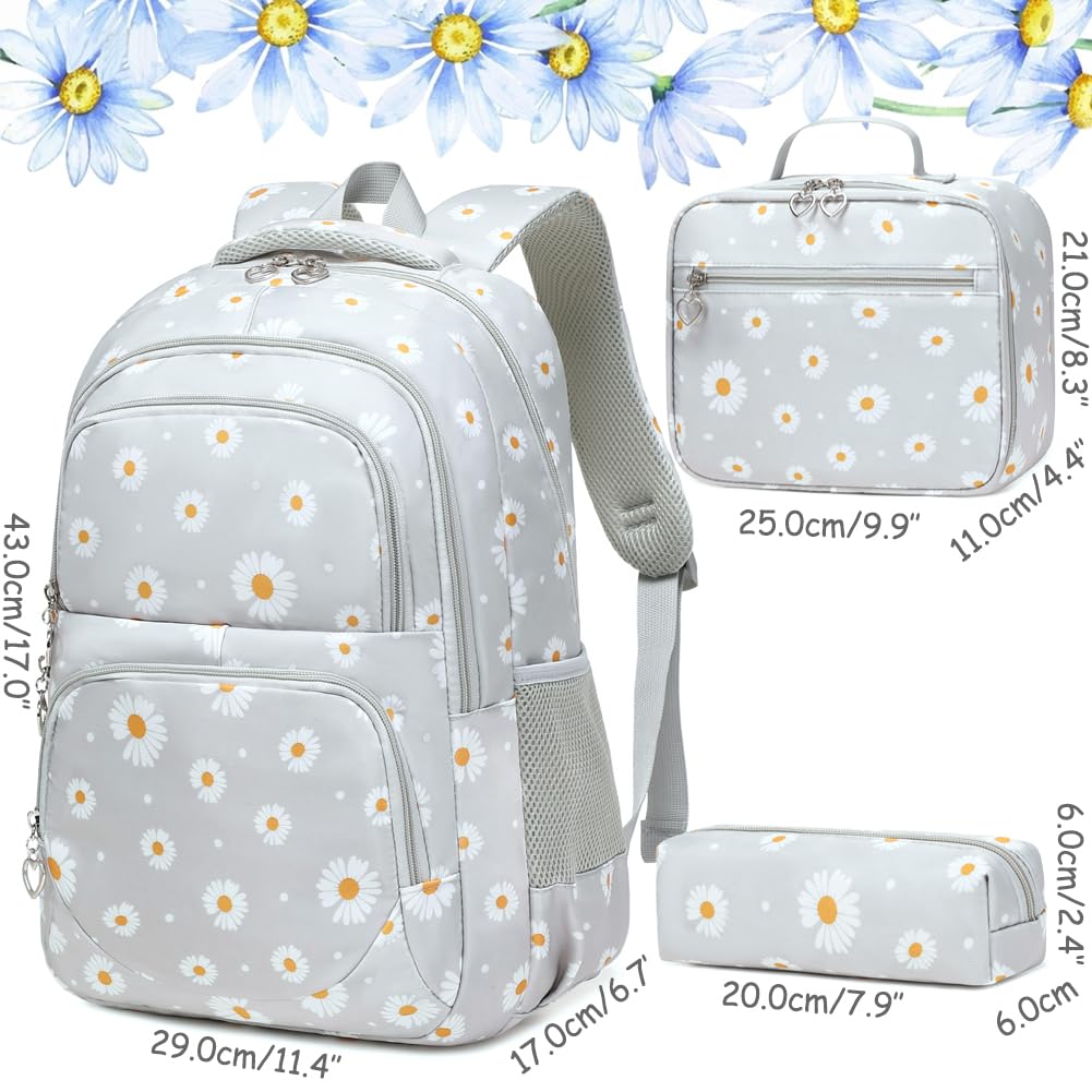 Girls Backpack with Lunch Box 3pcs Daisy Backpack Set for Kids Girls School Backpack for Primary Middle School Bookbag