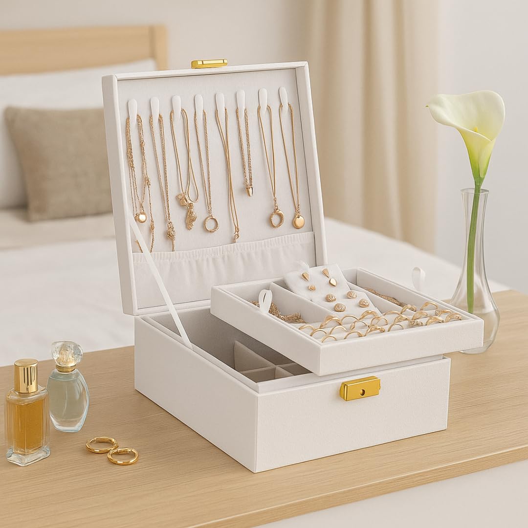 Prestige & Fancy 2 Layer Woman Jewelry Box, Jewelry Organizer For Woman, Men & Girls Large Case 8.5x7.5x3.3in | PU Leather Black Jewelry Gift Storage Boxes For Ring, Necklace & Bracelet With Lock