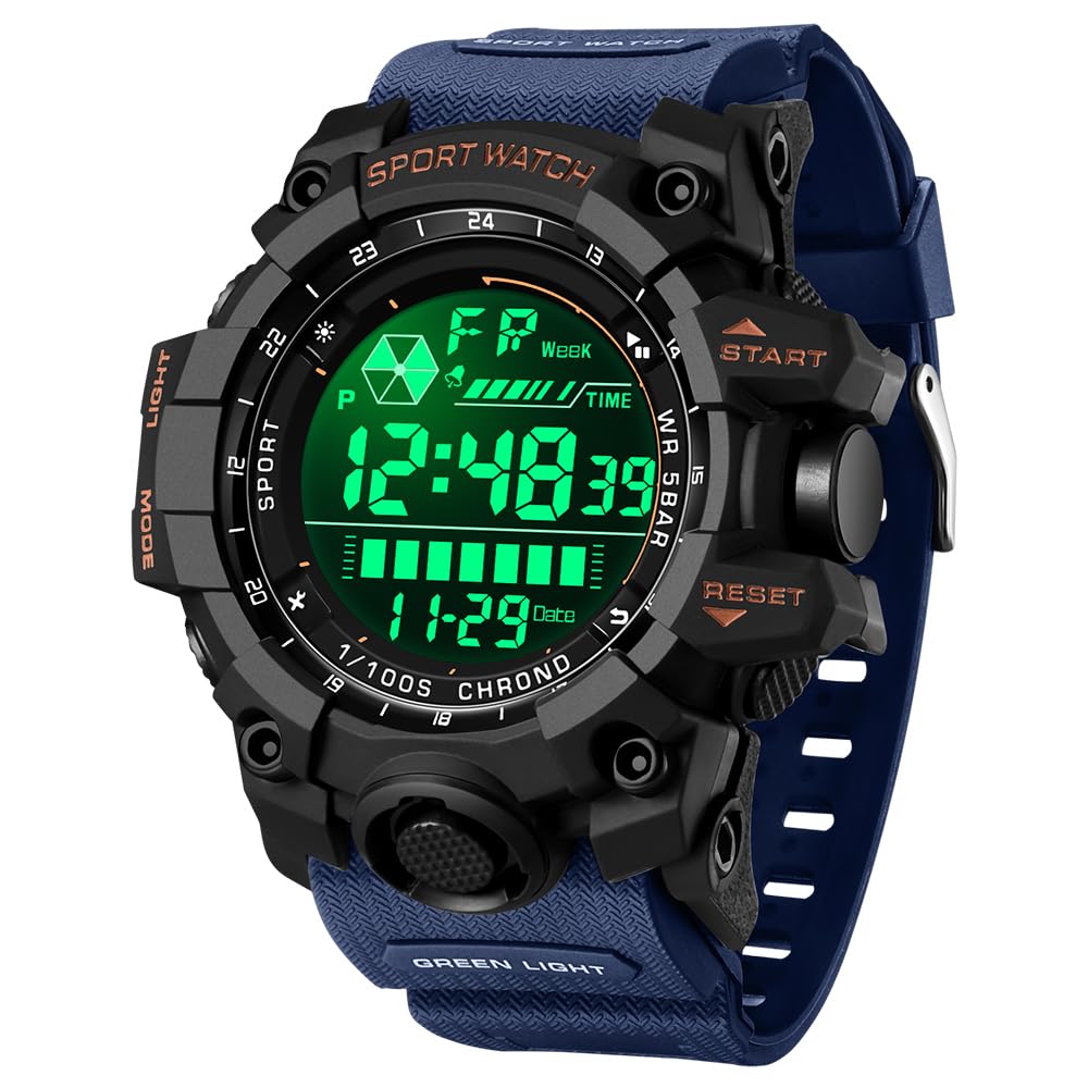 FANMIS Mens Military Multifunction Digital LED Watch Electronic Waterproof Alarm Quartz Sports Watch (Blue)