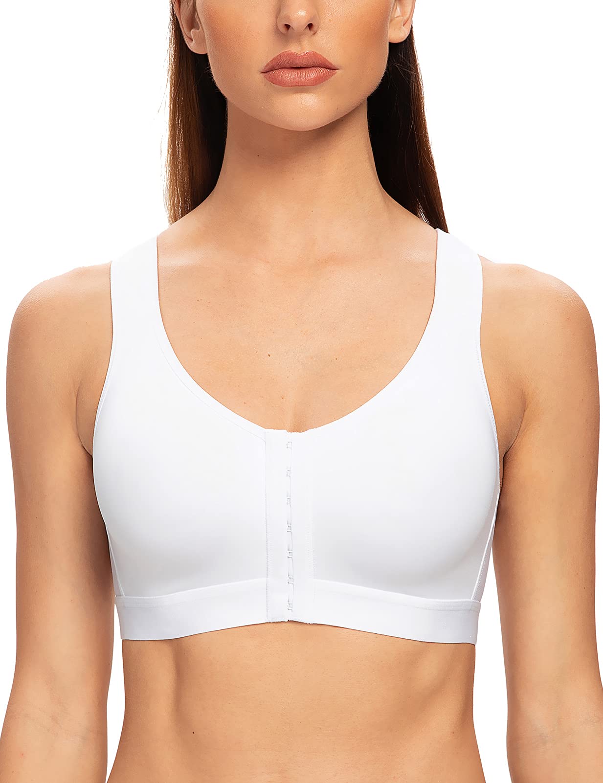 MELENECA Women's Front Closure Wirefree Post Surgery Plus Size Back Support Posture Bra White 40C