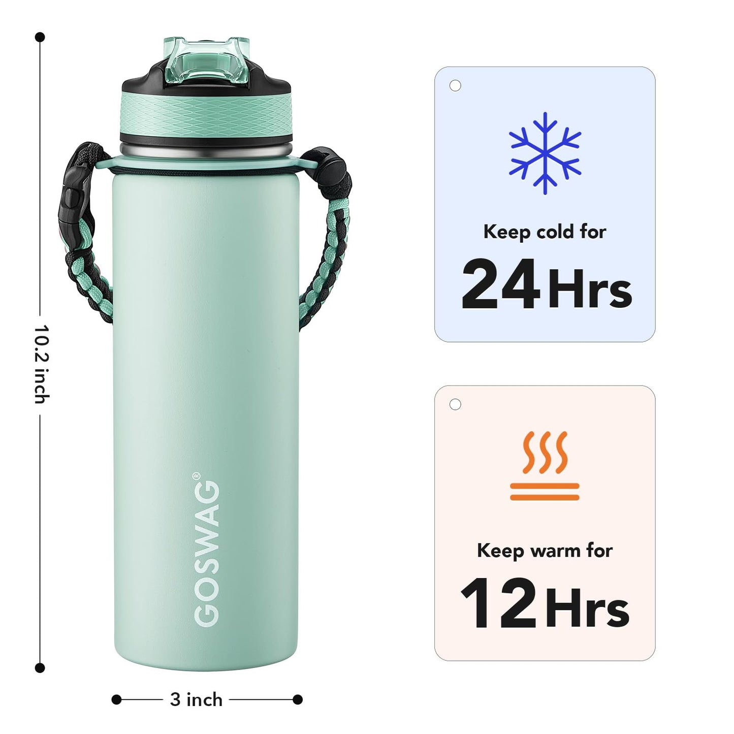 GOSWAG Insulated Sports Water Bottle, 24oz 2 Lids(with Straw/No Straw), Stainless Steel Water Bottles with Paracord Handle, Insulated Bottle with Double-Wall Vacuum Insulation