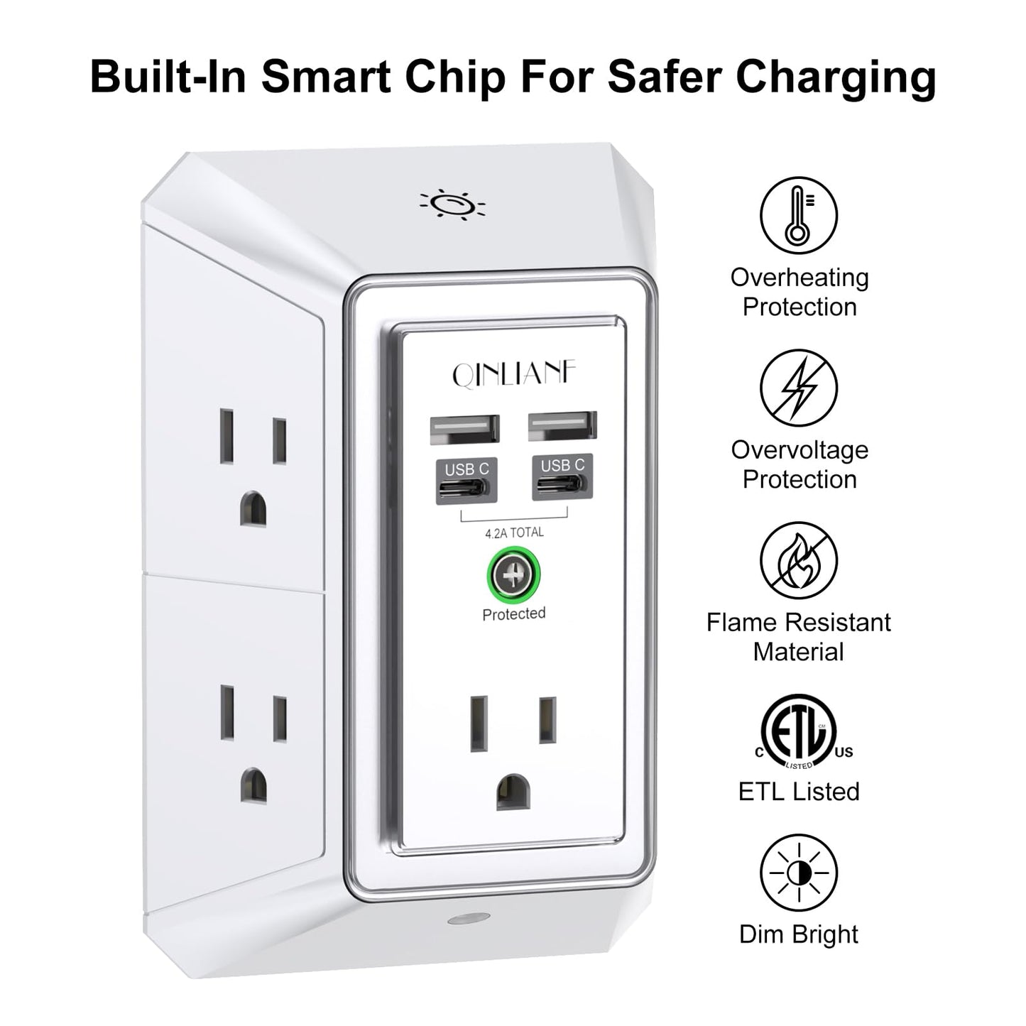 3-Sided Outlet Extender with Night Light - QINLIANF Multi Plug Outlet with 5 Outlets and 4 USB Ports(2 USB-C), USB Wall Charger for Home, Office, Travel, ETL Listed, White