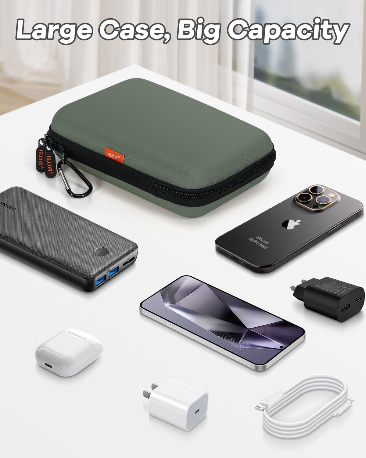 GLCON Large Classic Army-Green Case - Hard Shell Electronic Organizer Travel Carrying Case - Shockproof Electronic Accessories Storage Pouch Bag for Game Drive, Hard Disk, Power Bank, Charger