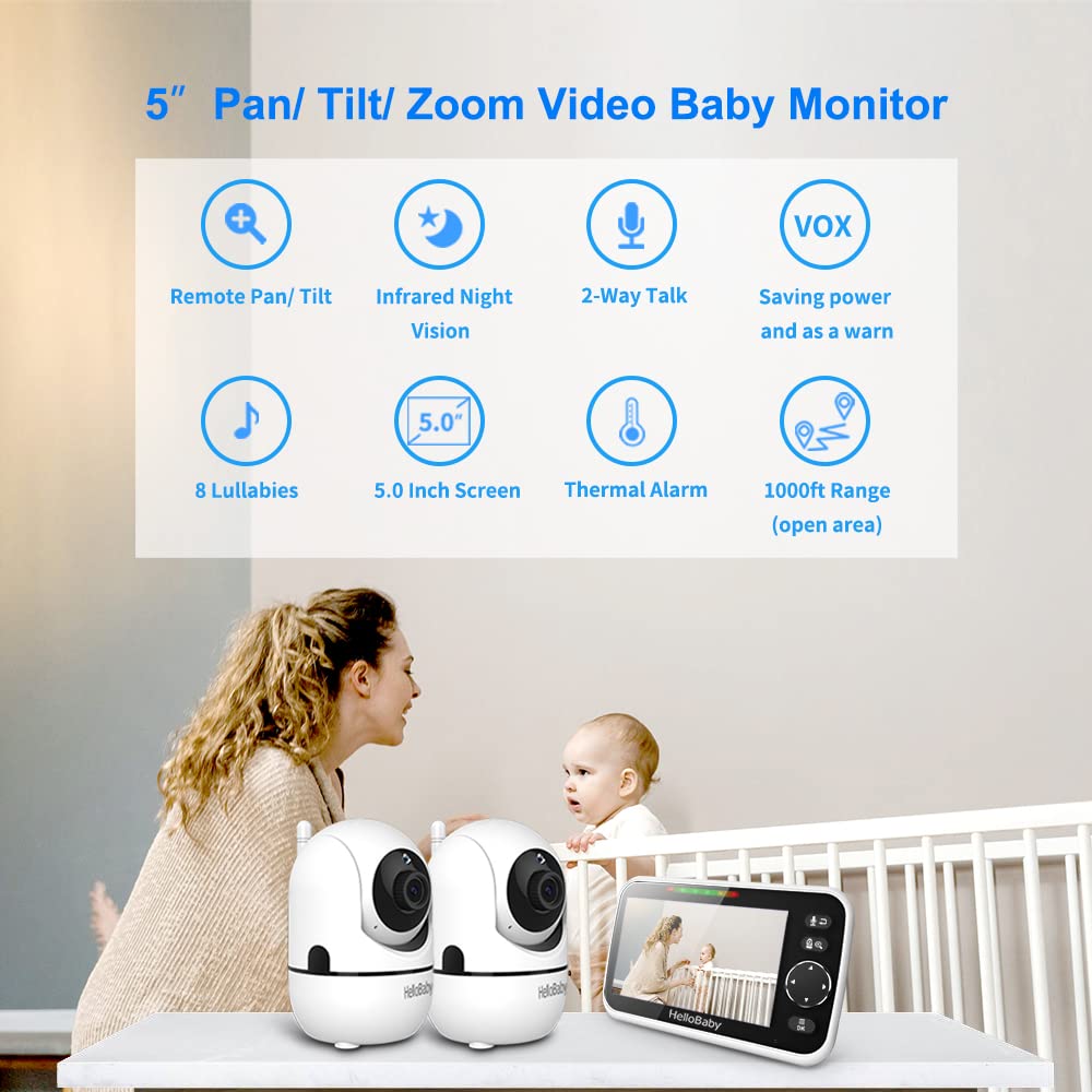 HelloBaby 5’’ Baby Monitor with 26-Hour Battery, 2 Cameras Pan-Tilt-Zoom, 1000ft Range Video Audio Baby Monitor No WiFi, VOX, Night Vision, 2-Way Talk, 8 Languages and Baby Registry Search