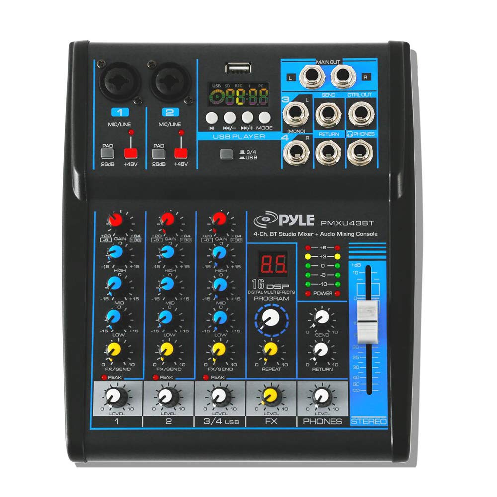 Pyle Professional Audio Mixer Sound Board Console System - Interface 4 Channel Digital USB Bluetooth MP3 Computer Input 48V Phantom Power Stereo DJ Studio Streaming FX 16-Bit DSP processor - PMXU43BT