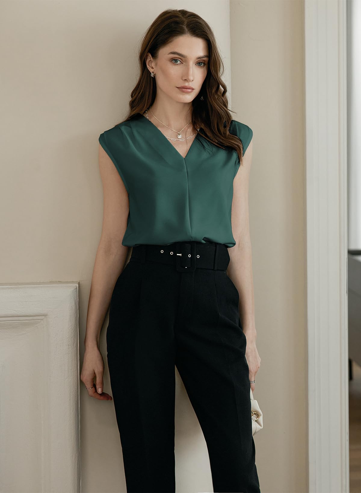 EVALESS Tank Tops for Women Trendy 2025 V Neck Pleated Sleeveless Shirts Loose Fit Summer Basic Work Vest Sea Green M