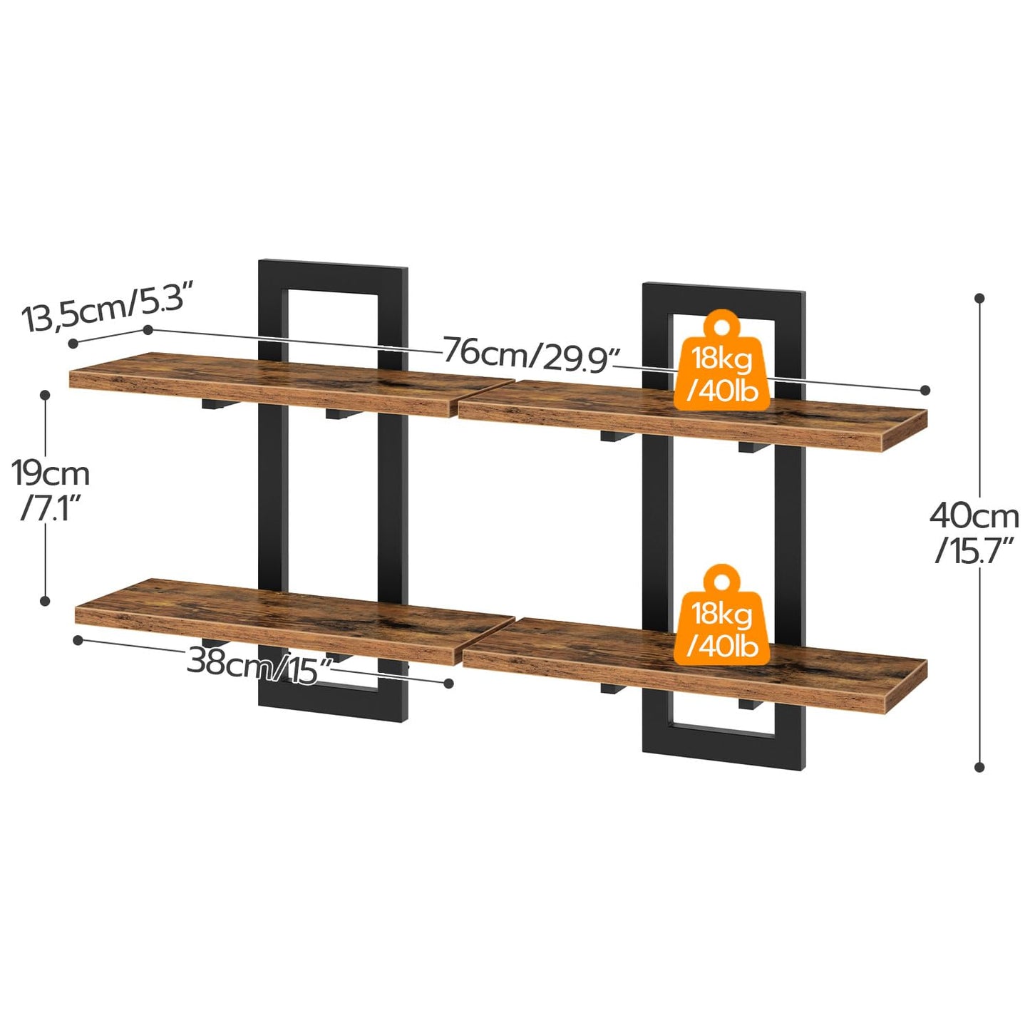 HOOBRO Floating Shelves, 15 Inch Wall Shelf Set of 2, Wall Mounted Storage Shelves 2-Tier, Hanging Bathroom Shelves, for Living Room, Bedroom, Bathroom, Kitchen, Rustic Brown and Black BF32BJ01