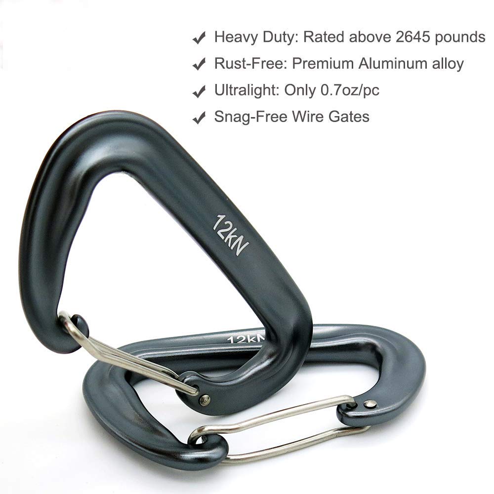 Outmate 12kN 3.2"x2" Heavy-Duty Carabiner Clips - Durable, Lightweight Aluminum Alloy Carabiners for Hiking, Camping, Keychains, Dog Leashes, Hammocks & More(Wire gate,2 Gray)