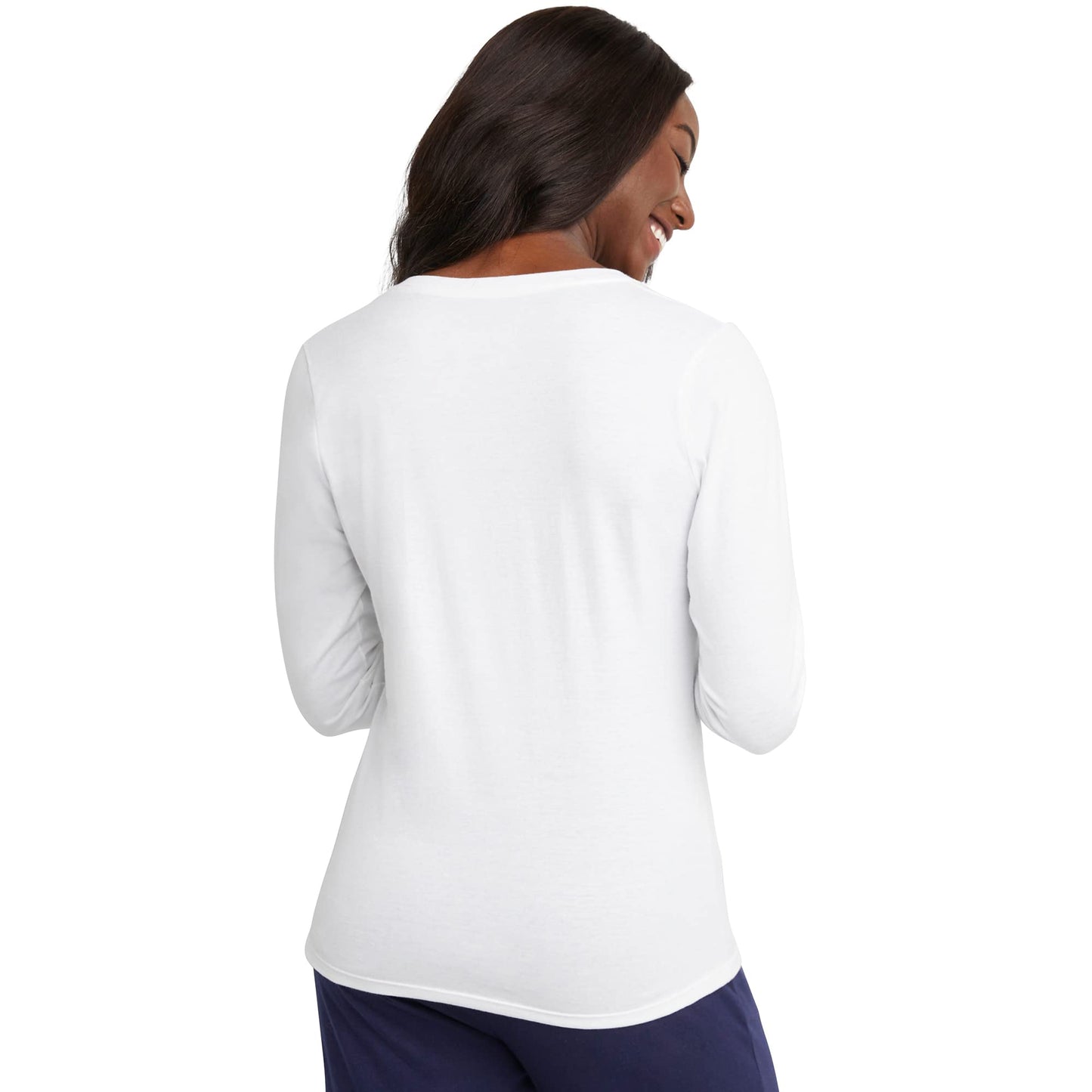Hanes Women's Originals Long Sleeve Cotton T-Shirt, Lightweight V-Neck Tee, Modern Fit, White, Large, O9142