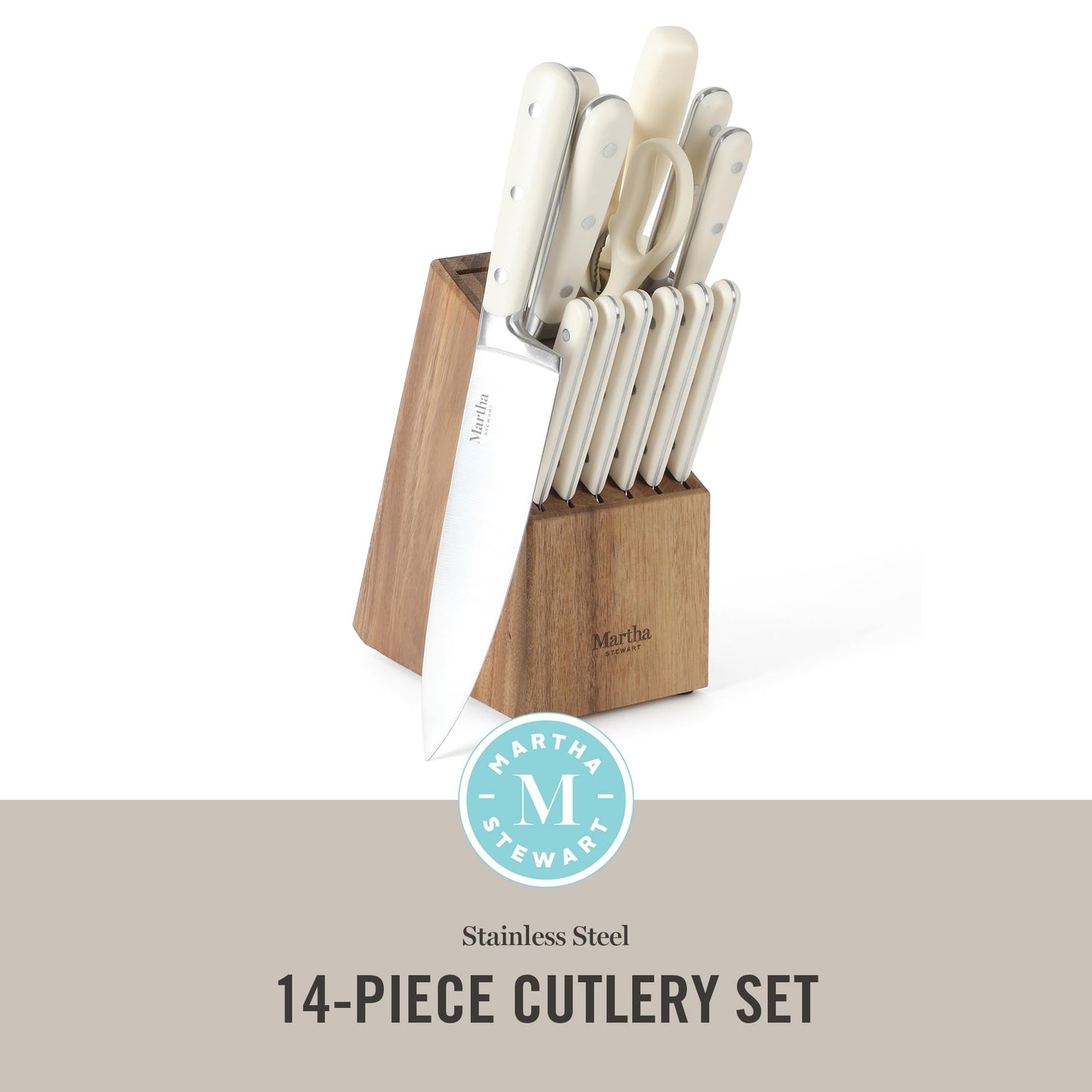 MARTHA STEWART Eastwalk 14 Piece High Carbon Stainless Steel Cutlery Kitchen Knife Block Set w/ABS Triple Riveted Forged Handle Acacia Wood Block - Linen White