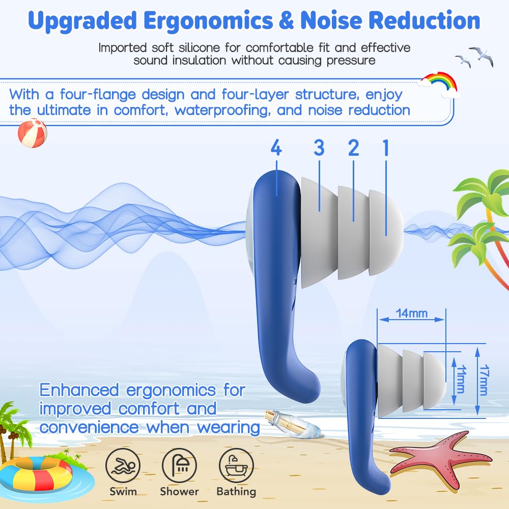 Waterproof Swimming Ear Plugs for Kids - 2 Pairs of Reusable Soft Silicone Swim Earplugs,Ear Protection for Children (4-12 Years Old) - Ideal for Surfing, Diving, Pool, Showering, and Water Sports