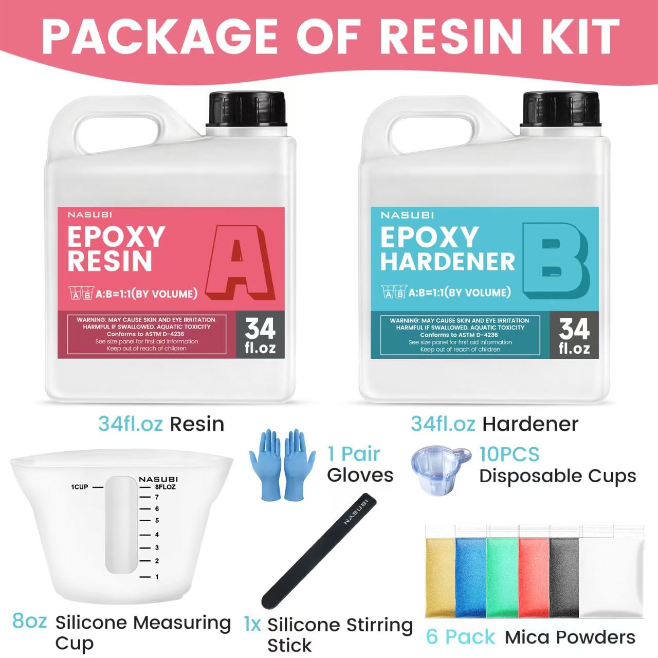 NASUBI Epoxy Resin Kit - 68OZ Crystal Clear Resin for Crafts, Mold, Wood, Jewelry Making, Art Casting Resin for Art, NO Bubble, 2 Part Clear Epoxy with Silicone Cups, Sticks, Pigment
