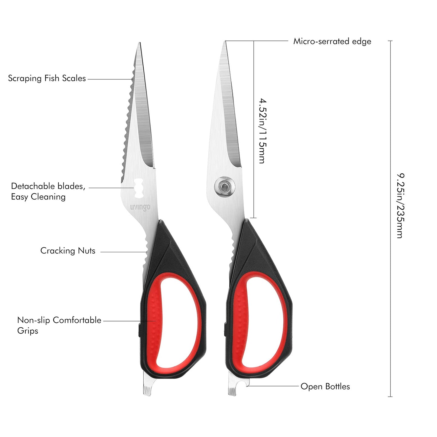 LIVINGO Kitchen Scissors, 2 Pack 9.25" Utility All Purpose Poultry Shears Heavy Duty Dishwasher Safe, Come Apart Sharp Stainless Steel Cooking Food Scissors for Cutting Meat, Chicken, Vegetable, Fish