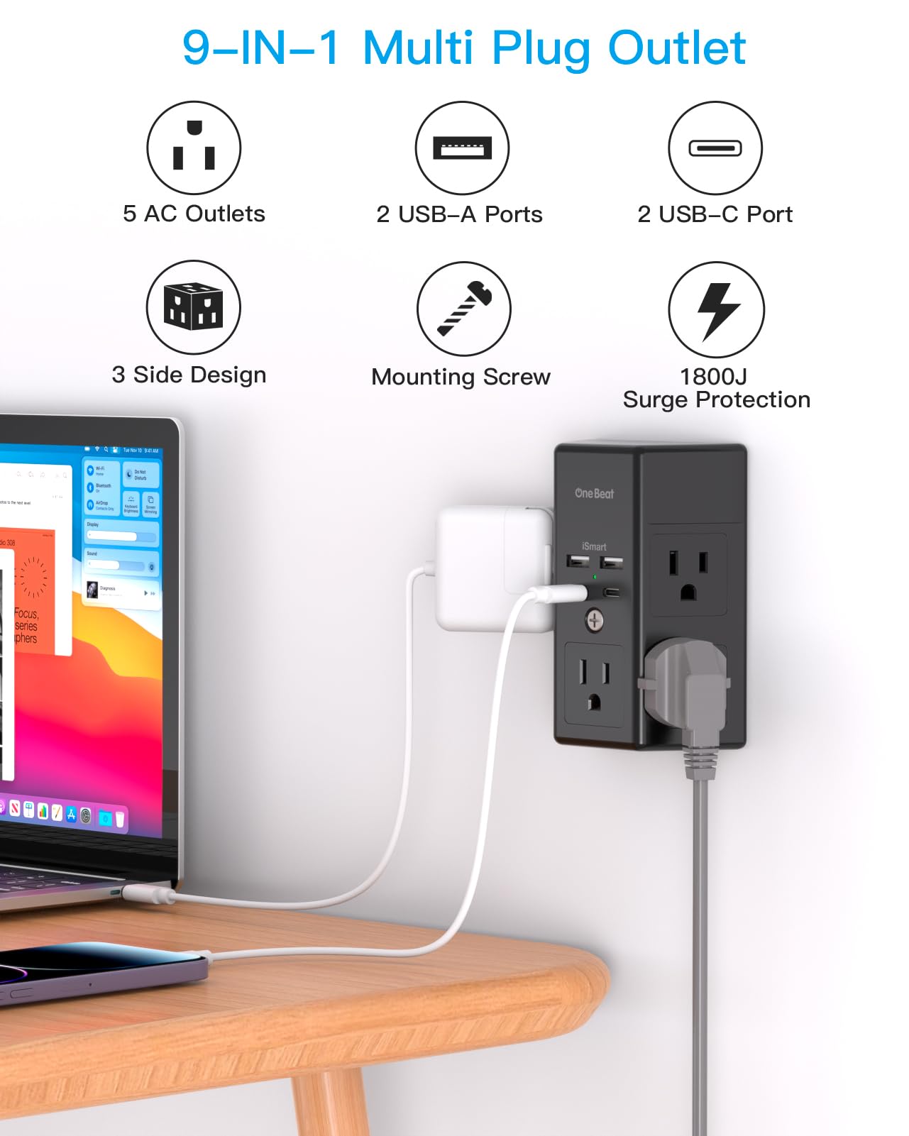2 Pack Multi Plug Outlet, Surge Protector, 5 Outlet Extender with 4 USB Charging Ports (2 USB C), USB Wall Charger, 3-Sided 1800J Power Strip Outlets Splitter Wall Plug Adapter Spaced for Home,Black
