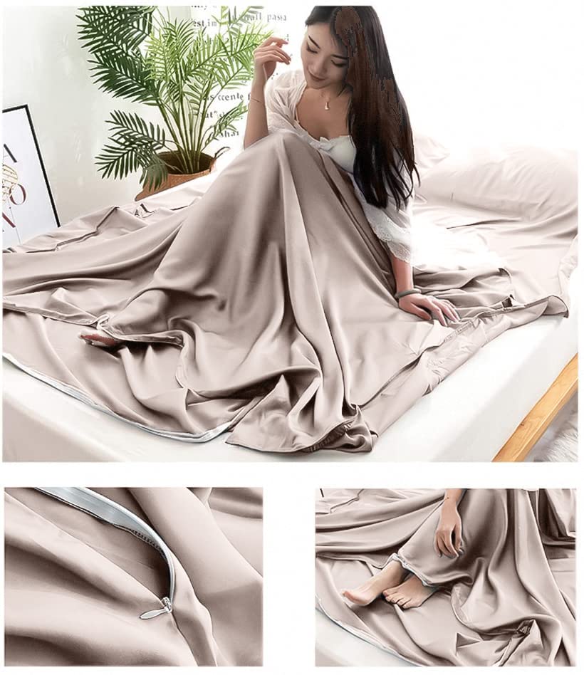 MongByYa Sleeping Bag Liner Lightweight Compact Sleeping Bag Sack Portable Clean Travel Sheet Camping Sleep Sheet for Backpacking Hotel Hiking (Light Khaki, 82.7” X 70.9”)