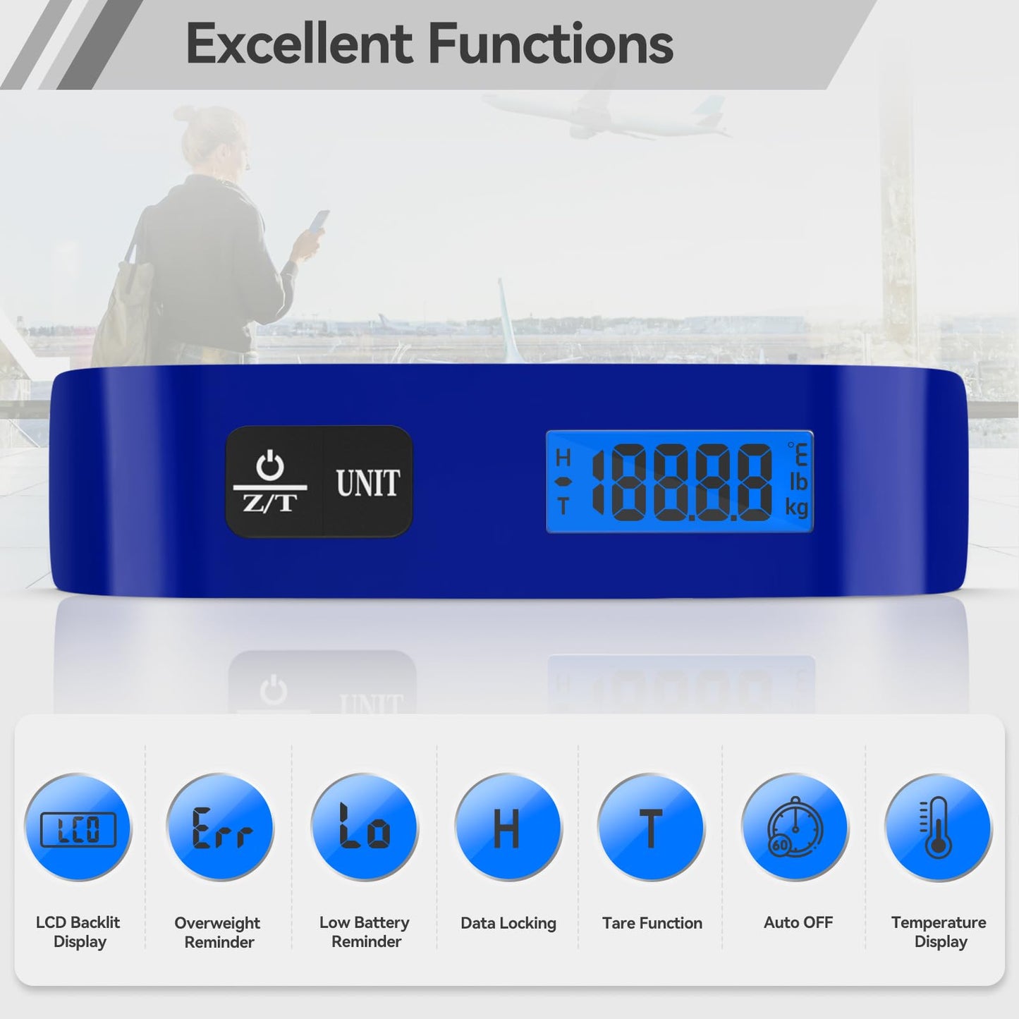 Luggage Scale, Dr.meter Luggage Weight Scale Backlight LCD Display PS02 110lb/50kg Electronic Balance Digital Postal Travel Accessories with Rubber Paint Handle Temperature Sensor, Blue