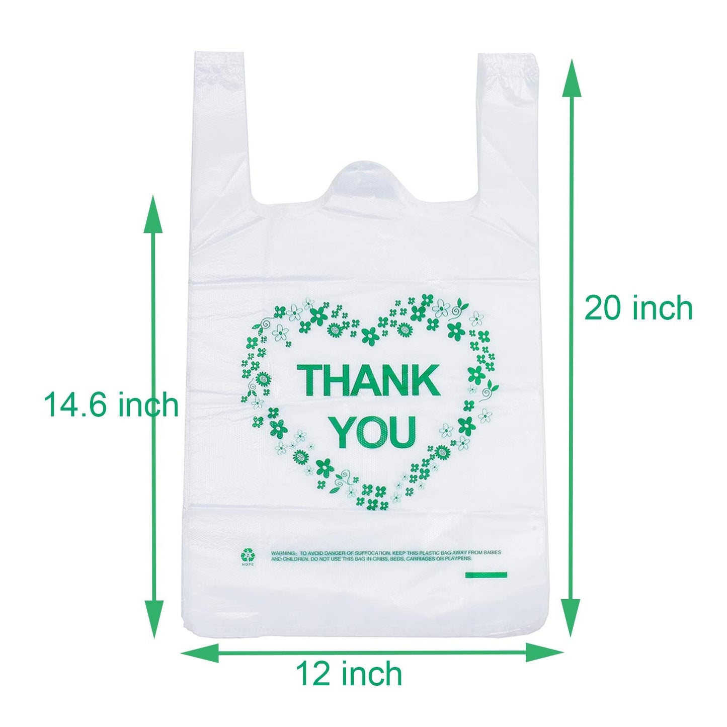 LazyMe Thank You T Shirt Bags White Plastic Grocery Bags with Handles,Standard Supermarket Size, 12 x 20 inch (50 pcs)