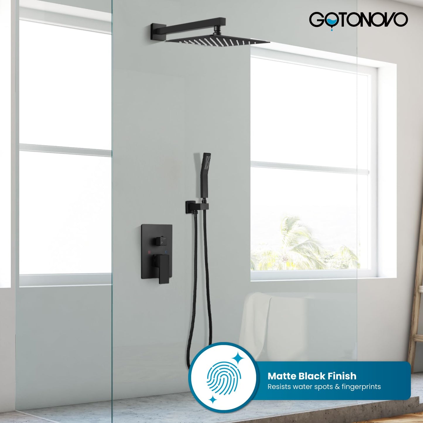 gotonovo Rainfall Bathroom Shower System Rain Shower Head and Handle Set Wall Mounted Shower Complete Combo Solid Brass Pressure Balancing Shower Mixer Valve 10 Inch Matte Black